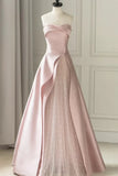 Pink Strapless Satin Floor Length Prom Dress, A-Line Formal Evening Dress HZ1024