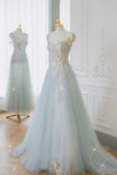 Blue Tulle Lace Long Prom Dress, A-Line Strapless Evening Dress HZ1024