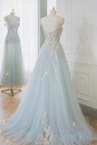 Blue Tulle Lace Long Prom Dress, A-Line Strapless Evening Dress HZ1024