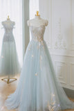 Blue Tulle Lace Long Prom Dress, A-Line Strapless Evening Dress HZ1024