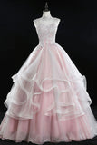 Pink Tulle Lace Sweet 16 Dresses, Long Quinceanera Dresses HZ1024