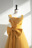 Yellow Satin Tulle Long Prom Dress, A-Line Evening Dress with Bow HZ1024