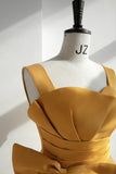 Yellow Satin Tulle Long Prom Dress, A-Line Evening Dress with Bow HZ1024