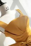Yellow Satin Tulle Long Prom Dress, A-Line Evening Dress with Bow HZ1024