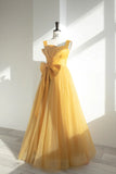Yellow Satin Tulle Long Prom Dress, A-Line Evening Dress with Bow HZ1024