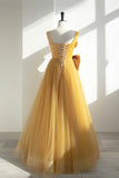Yellow Satin Tulle Long Prom Dress, A-Line Evening Dress with Bow HZ1024