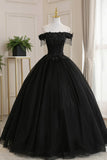 Black Tulle Lace Off the Shoulder Prom Dress, Black A-Line Evening Dress HZ1024
