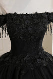 Black Tulle Lace Off the Shoulder Prom Dress, Black A-Line Evening Dress HZ1024