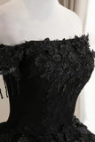 Black Tulle Lace Off the Shoulder Prom Dress, Black A-Line Evening Dress HZ1024