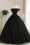 Black Tulle Lace Off the Shoulder Prom Dress, Black A-Line Evening Dress HZ1024