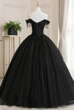 Black Tulle Lace Off the Shoulder Prom Dress, Black A-Line Evening Dress HZ1024
