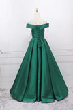 Green Satin Long Prom Dress, Off the Shoulder Evening Party Dress HZ1024