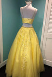 Yellow Lace Two Pieces Prom Dress, A-Line Evening Party Dress HZ1024