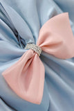 Blue Satin A-Line Princess Dress, Blue A-Line Evening Gown with Bow HZ1024