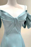 Blue Satin Long A-Line Prom Dress, Off the Shoulder Evening Dress HZ1024