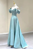 Blue Satin Long A-Line Prom Dress, Off the Shoulder Evening Dress HZ1024