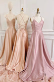 Simple V-Neck Satin Long Prom Dress, A-Line Backless Evening Dress HZ1024