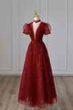 Burgundy Tulle Sequins Tea Length Prom Dress, A-Line Evening Dress HZ1024