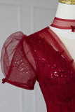 Burgundy Tulle Sequins Tea Length Prom Dress, A-Line Evening Dress HZ1024
