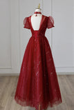 Burgundy Tulle Sequins Tea Length Prom Dress, A-Line Evening Dress HZ1024