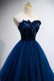 Blue Velvet Tulle Long Prom Dresses, A-Line Strapless Evening Dresses HZ1024