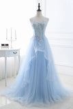 Blue Strapless Tulle Lace Long A-Line Prom Dress, Blue Evening Dress HZ1024