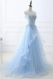 Blue Strapless Tulle Lace Long A-Line Prom Dress, Blue Evening Dress HZ1024