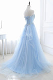 Blue Strapless Tulle Lace Long A-Line Prom Dress, Blue Evening Dress HZ1024