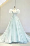 Lovely Puff Sleeve Tulle Formal Evening Gown, A-Line Long Prom Dress HZ1024