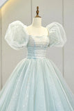 Lovely Puff Sleeve Tulle Formal Evening Gown, A-Line Long Prom Dress HZ1024
