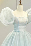 Lovely Puff Sleeve Tulle Formal Evening Gown, A-Line Long Prom Dress HZ1024