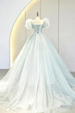 Lovely Puff Sleeve Tulle Formal Evening Gown, A-Line Long Prom Dress HZ1024