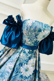 Blue Floral Long Senior Prom Dress, Blue A-Line Evening Dress HZ1024