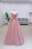 Pink Tulle Sequins Long Prom Dress, Cute A-Line Evening Dress HZ1024