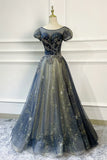 Blue Scoop Neckline Tulle Long Prom Dress, A-Line Evening Dress HZ1024