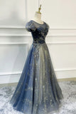 Blue Scoop Neckline Tulle Long Prom Dress, A-Line Evening Dress HZ1024