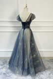 Blue Scoop Neckline Tulle Long Prom Dress, A-Line Evening Dress HZ1024
