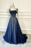 Blue Long Tulle Beaded Prom Dress, Blue Evening Party Dress HZ1024