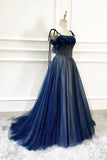 Blue Long Tulle Beaded Prom Dress, Blue Evening Party Dress HZ1024
