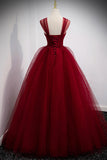 Burgundy Tulle Long A-Line Prom Dress, Burgundy Evening Party Dress HZ1024