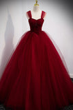 Burgundy Tulle Long A-Line Prom Dress, Burgundy Evening Party Dress HZ1024