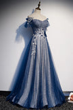 Blue Tulle Sequins Long Prom Dress, A-Line Evening Dress HZ1024