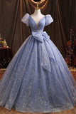 Blue Tulle Sequins Long Prom Dress, A-Line Evening Gown with Bow HZ1024