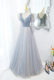 Cute V-Neck Tulle Beaded Long Prom Dress, Gray A-Line Evening Party Dress HZ1024