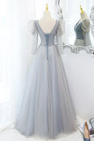 Cute V-Neck Tulle Beaded Long Prom Dress, Gray A-Line Evening Party Dress HZ1024