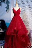 Red V-Neck Tulle Long Prom Dress, A-Line Evening Dress HZ1024