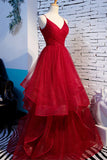 Red V-Neck Tulle Long Prom Dress, A-Line Evening Dress HZ1024