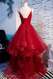 Red V-Neck Tulle Long Prom Dress, A-Line Evening Dress HZ1024