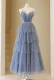 Blue Tulle Layers Straps Beaded Long Prom Dress, Blue A-Line Evening Dress HZ1024