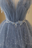 Blue Tulle Layers Straps Beaded Long Prom Dress, Blue A-Line Evening Dress HZ1024